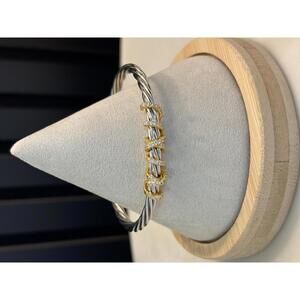 Twisted Cable Open Bangle Bracelet with Gold Accent